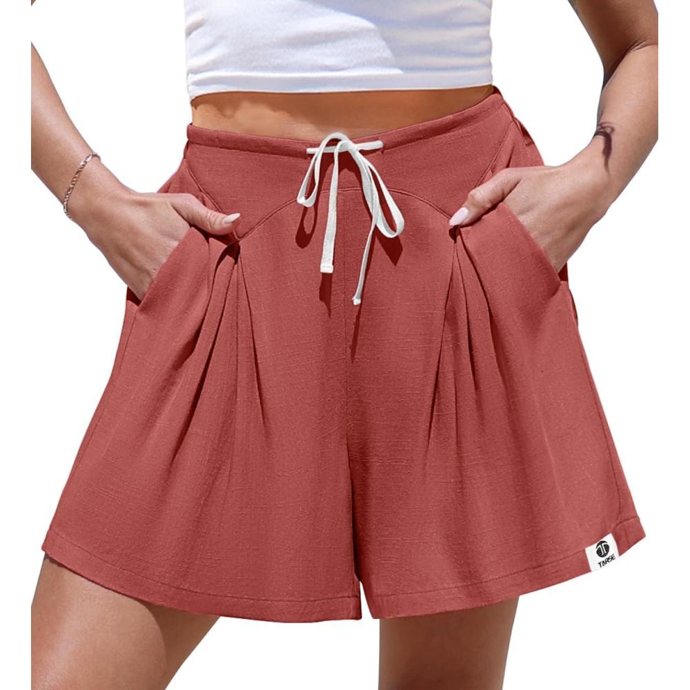 image:imageTARSE Womens Linen Casual Shorts Loose Fit Elastic Waist Drawstring Summer Lounge Shorts with PocketsRust Red