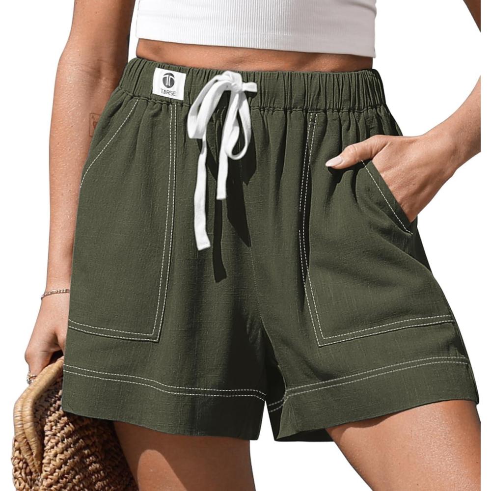 image:imageTARSE Womens Linen Casual Shorts Summer Drawstring High Waisted Wide Leg with Pockets Loose 2026 Cute Vacation OutfitArmy Green