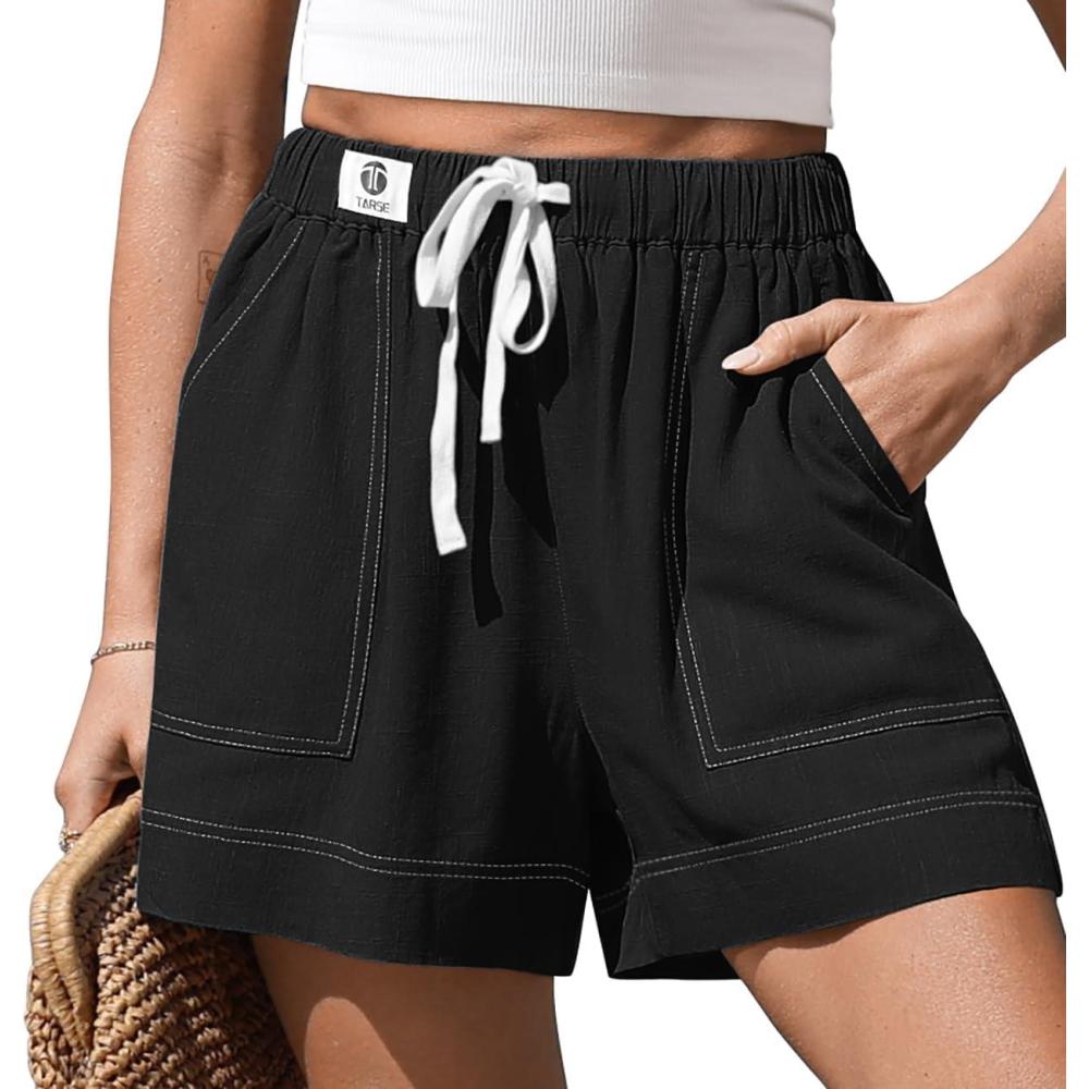 image:imageTARSE Womens Linen Casual Shorts Summer Drawstring High Waisted Wide Leg with Pockets Loose 2026 Cute Vacation OutfitBlack