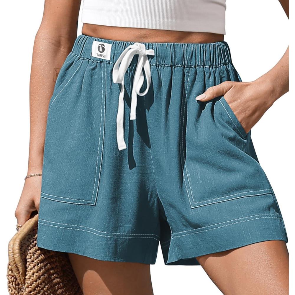 image:imageTARSE Womens Linen Casual Shorts Summer Drawstring High Waisted Wide Leg with Pockets Loose 2026 Cute Vacation OutfitLake Blue