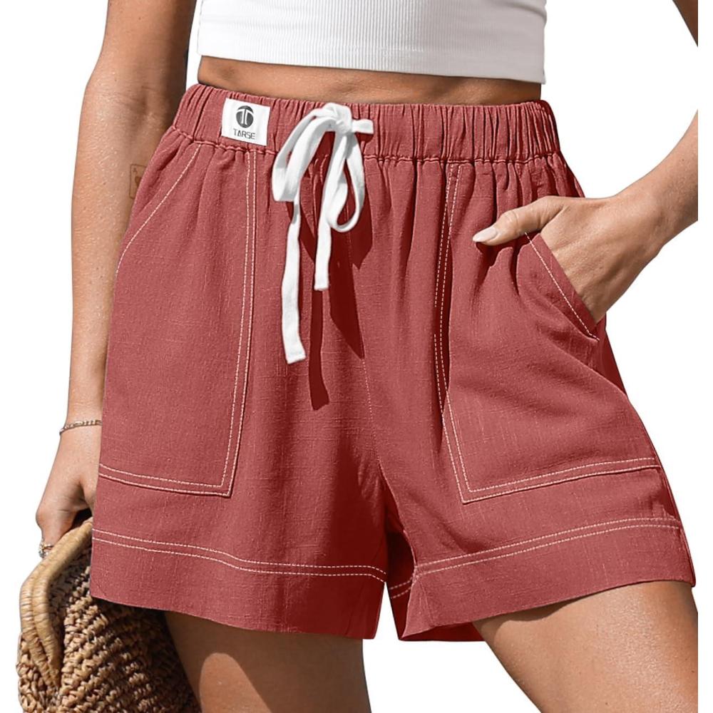 image:imageTARSE Womens Linen Casual Shorts Summer Drawstring High Waisted Wide Leg with Pockets Loose 2026 Cute Vacation OutfitRust Red