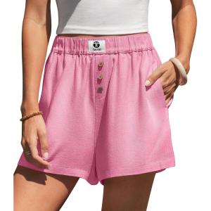 TARSE Boxer Shorts for Women Linen Pajama Summer Casual Lounge Sleep Shorts Y2K Beach Bottoms(Rose)
