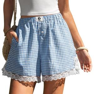 TARSE Gingham Shorts for Women Boxer Lace Trim Sleep Pajama Lounge Shorts Summer Casual Home Wear Bottoms(Blue White Plaid)