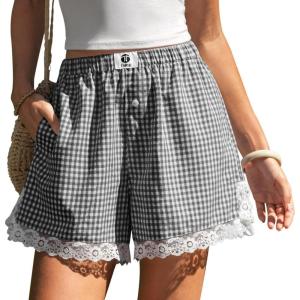 TARSE Gingham Shorts for Women Boxer Lace Trim Sleep Pajama Lounge Shorts Summer Casual Home Wear Bottoms(Dark Gray White Plaid)