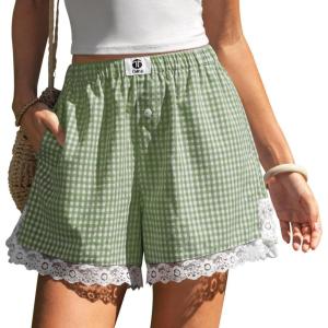 TARSE Gingham Shorts for Women Boxer Lace Trim Sleep Pajama Lounge Shorts Summer Casual Home Wear Bottoms(Green White Plaid)