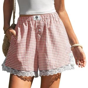 TARSE Gingham Shorts for Women Boxer Lace Trim Sleep Pajama Lounge Shorts Summer Casual Home Wear Bottoms(Orange White Plaid)