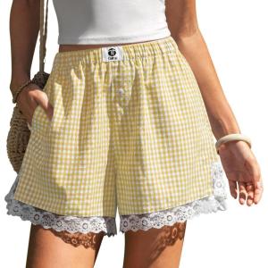 TARSE Gingham Shorts for Women Boxer Lace Trim Sleep Pajama Lounge Shorts Summer Casual Home Wear Bottoms(Yellow White Plaid)