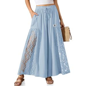 TARSE Women Linen Wide Leg Pants Lace Patchwork Boho Loose Elastic Waist Palazzo Pants Summer Beach Trousers with Pockets(Auqa Blue)