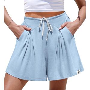TARSE Womens Linen Casual Shorts Loose Fit Elastic Waist Drawstring Summer Lounge Shorts with Pockets(Aqua Blue)