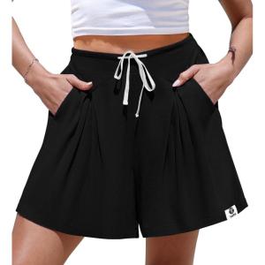 TARSE Womens Linen Casual Shorts Loose Fit Elastic Waist Drawstring Summer Lounge Shorts with Pockets(Black)