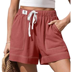 TARSE Women’s Linen Casual Shorts Summer Drawstring High Waisted Wide Leg with Pockets Loose 2026 Cute Vacation Outfit(Rust Red)