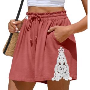 TARSE Womens Linen Shorts Elastic Waist Drawstring Lace Trim Casual Summer Lounge Beach Shorts with Pocket(Rust Red)