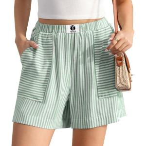 TARSE Womens Striped Shorts Elastic Waist Drawstring Summer Casual Beach Lounge Loose Fit Shorts with Pockets(Light Green White Stripes)