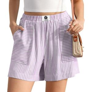 TARSE Womens Striped Shorts Elastic Waist Drawstring Summer Casual Beach Lounge Loose Fit Shorts with Pockets(Purple Stripe)