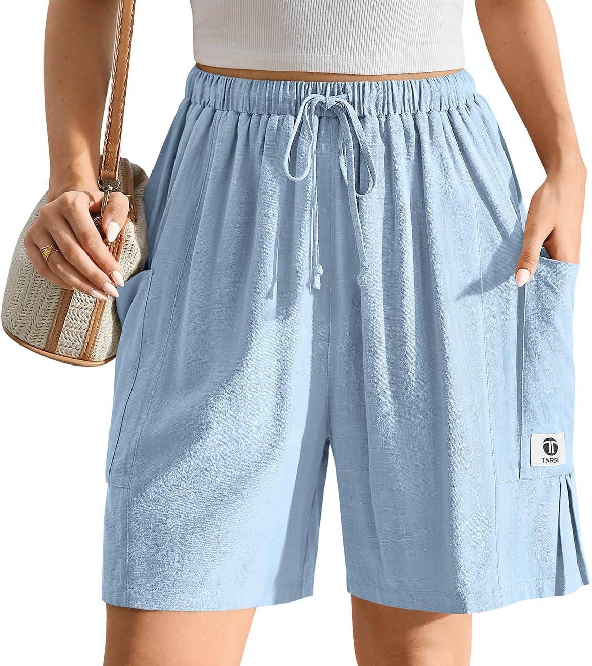 image:imageTARSE Womens Linen Bermuda Shorts Casual Wide Leg Drawstring High Waisted Summer Loose Beach Long Shorts with PocketsAqua Blue
