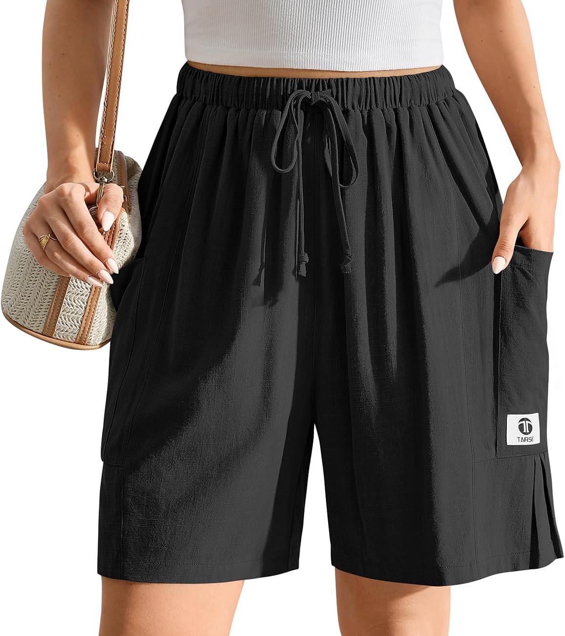 image:imageTARSE Womens Linen Bermuda Shorts Casual Wide Leg Drawstring High Waisted Summer Loose Beach Long Shorts with PocketsBlack
