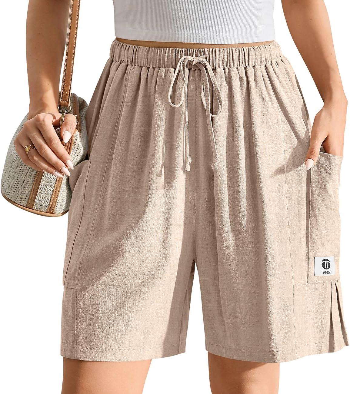 image:imageTARSE Womens Linen Bermuda Shorts Casual Wide Leg Drawstring High Waisted Summer Loose Beach Long Shorts with PocketsHeather Light Khaki