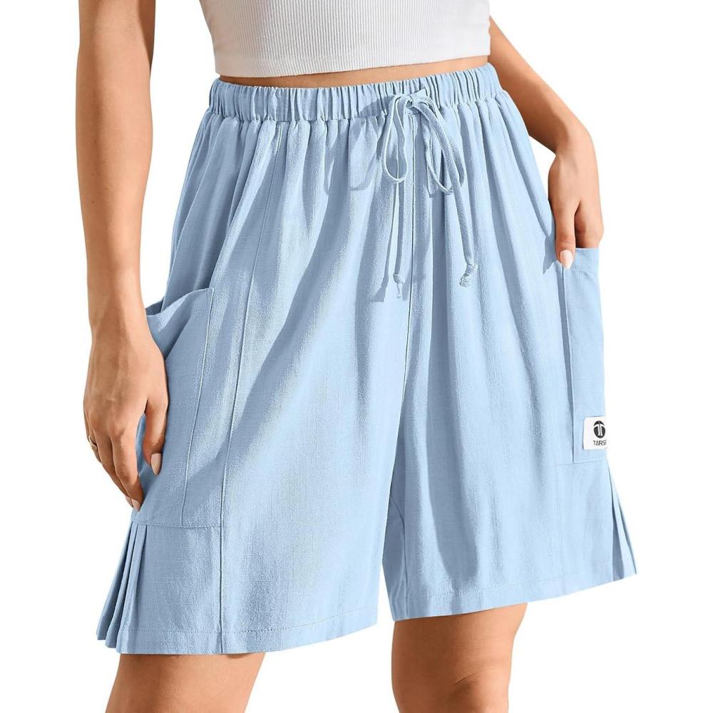 image:imageTARSE Womens Linen Bermuda Shorts Casual Wide Leg Drawstring High Waisted Summer Loose Beach Long Shorts with PocketsAqua Blue