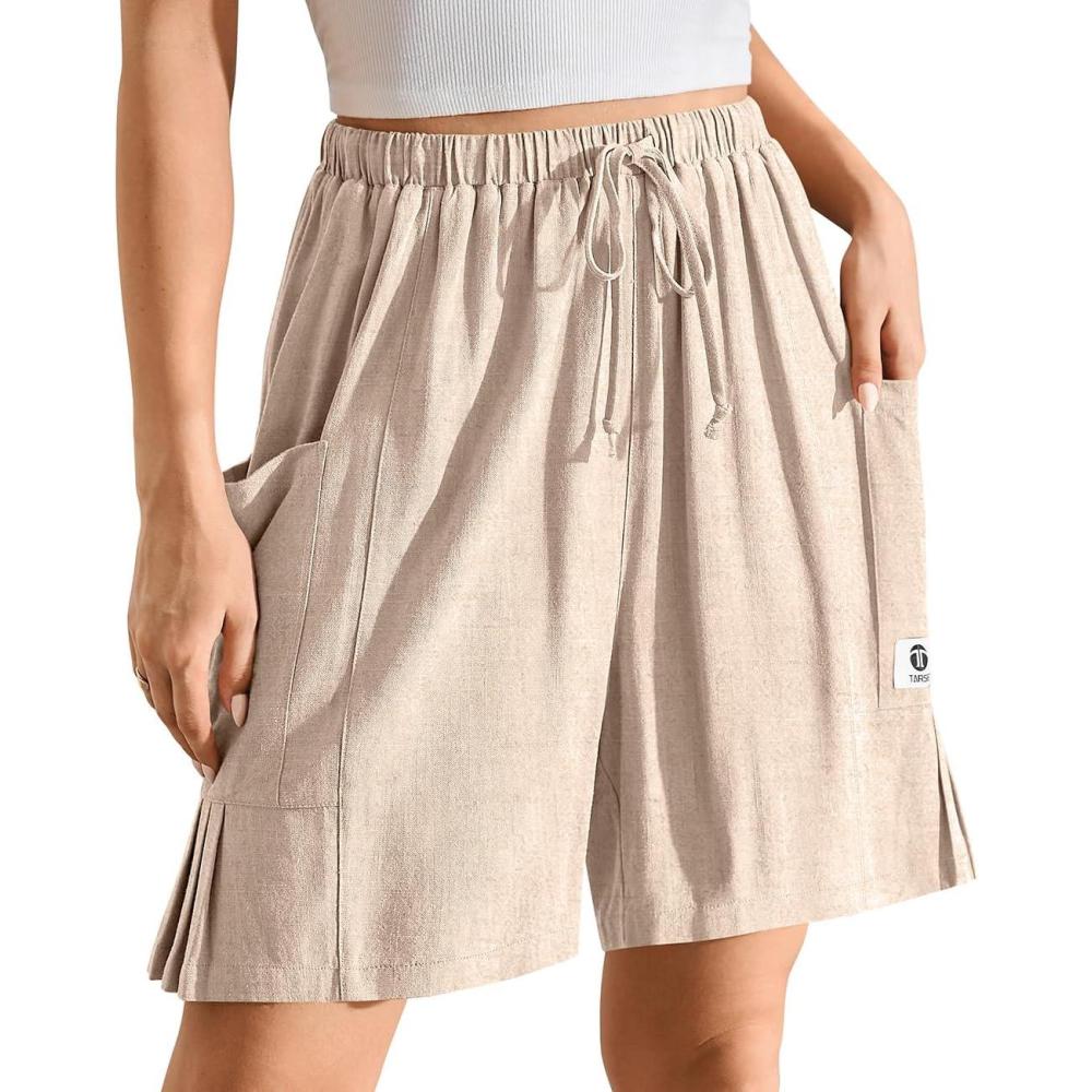 image:imageTARSE Womens Linen Bermuda Shorts Casual Wide Leg Drawstring High Waisted Summer Loose Beach Long Shorts with PocketsHeather Light Khaki