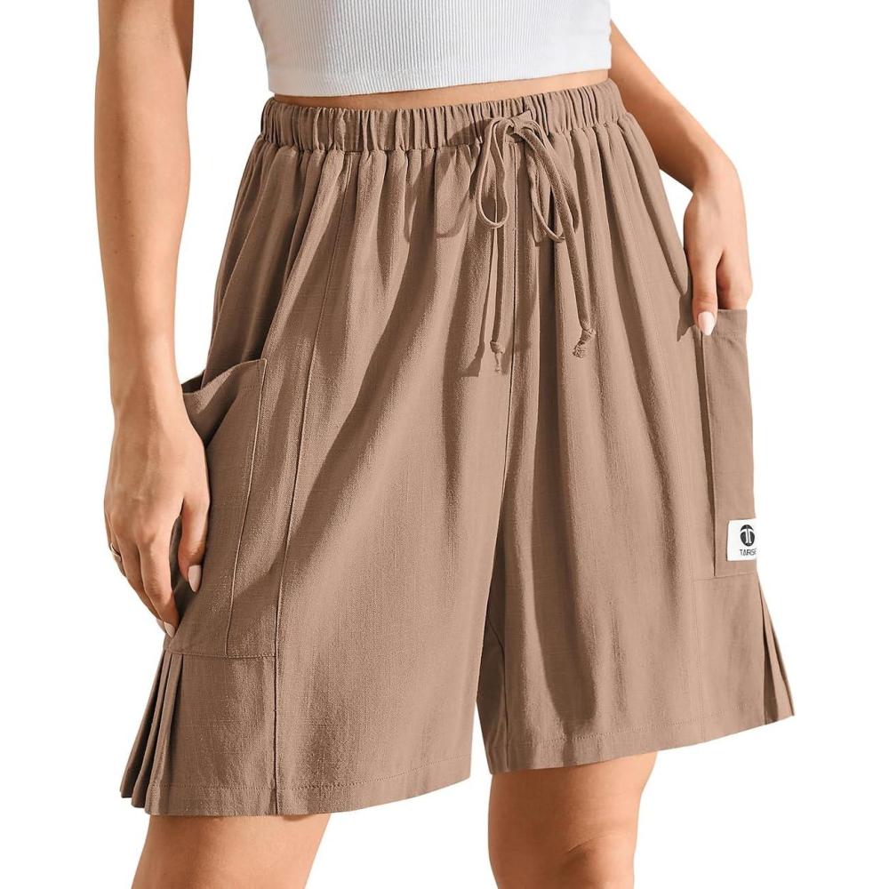 image:imageTARSE Womens Linen Bermuda Shorts Casual Wide Leg Drawstring High Waisted Summer Loose Beach Long Shorts with PocketsMid Coffee