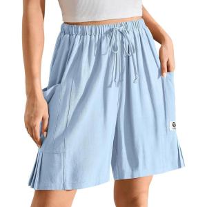 TARSE Women’s Linen Bermuda Shorts Casual Wide Leg Drawstring High Waisted Summer Loose Beach Long Shorts with Pockets(Aqua Blue)