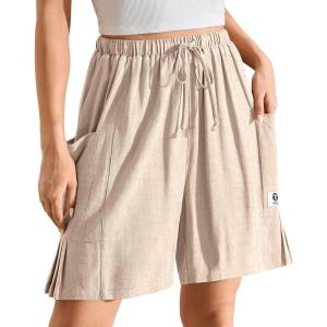 TARSE Women’s Linen Bermuda Shorts Casual Wide Leg Drawstring High Waisted Summer Loose Beach Long Shorts with Pockets(Heather Light Khaki)