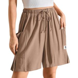 TARSE Women’s Linen Bermuda Shorts Casual Wide Leg Drawstring High Waisted Summer Loose Beach Long Shorts with Pockets(Mid Coffee)