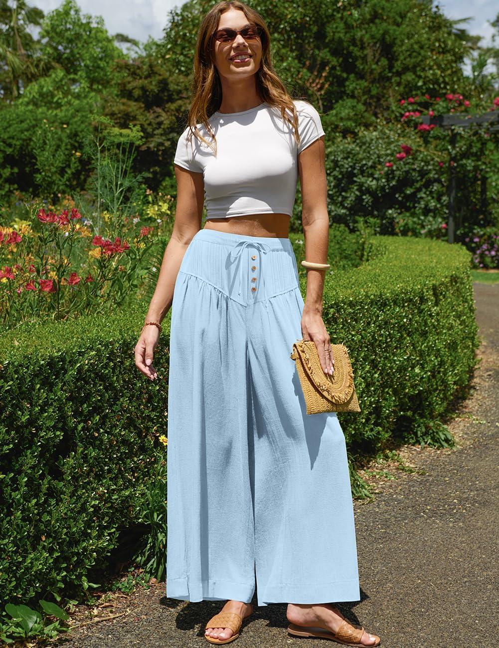 image:imageTARSE Women Linen Wide Leg Pants Palazzo High Waisted Boho Loose Casual Lounge Pant Beach Travel Vacation OutfitsAqua Blue