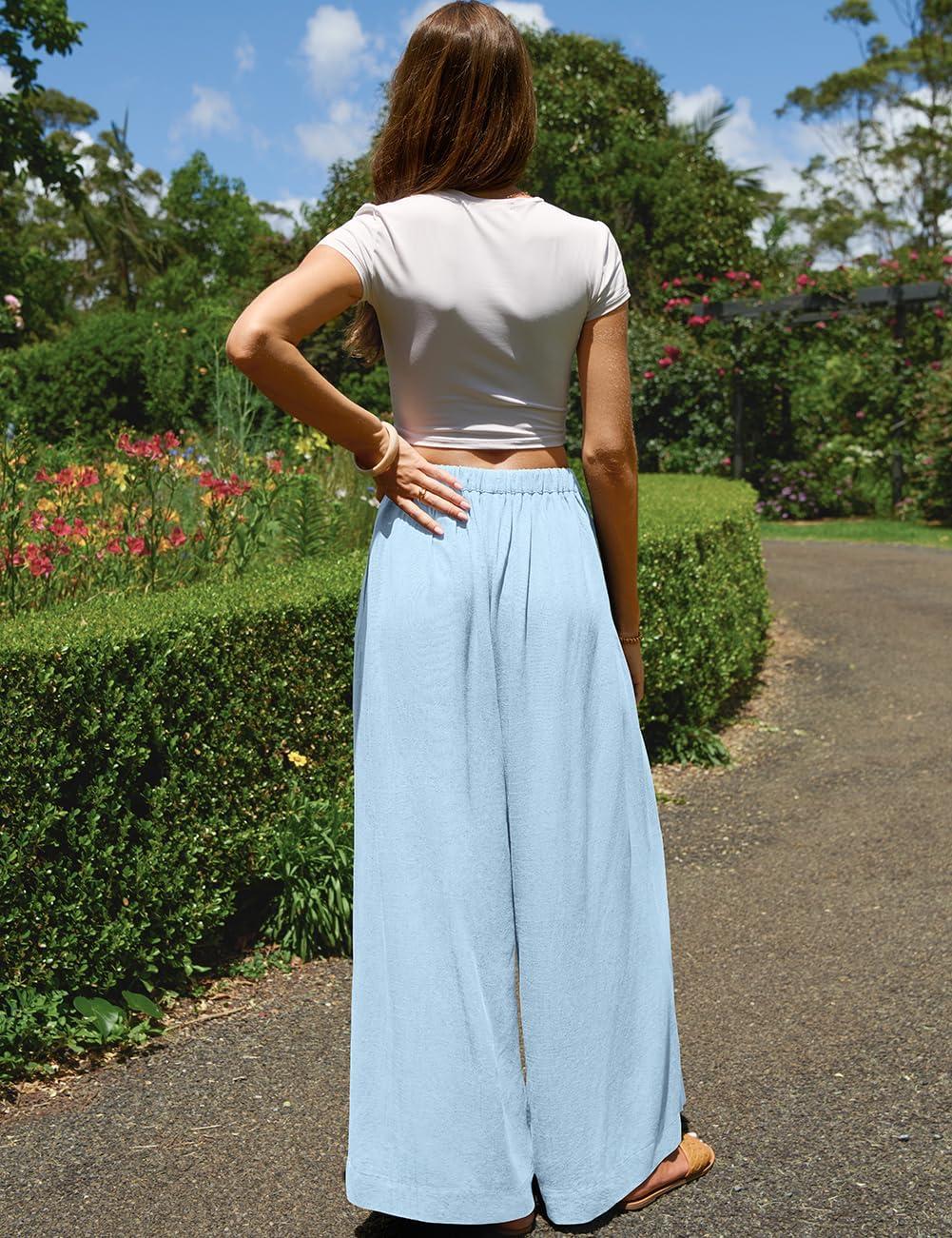 image:imageTARSE Women Linen Wide Leg Pants Palazzo High Waisted Boho Loose Casual Lounge Pant Beach Travel Vacation OutfitsAqua Blue
