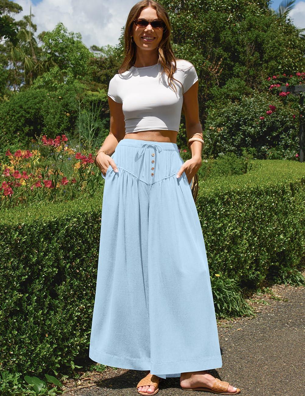 image:imageTARSE Women Linen Wide Leg Pants Palazzo High Waisted Boho Loose Casual Lounge Pant Beach Travel Vacation OutfitsAqua Blue