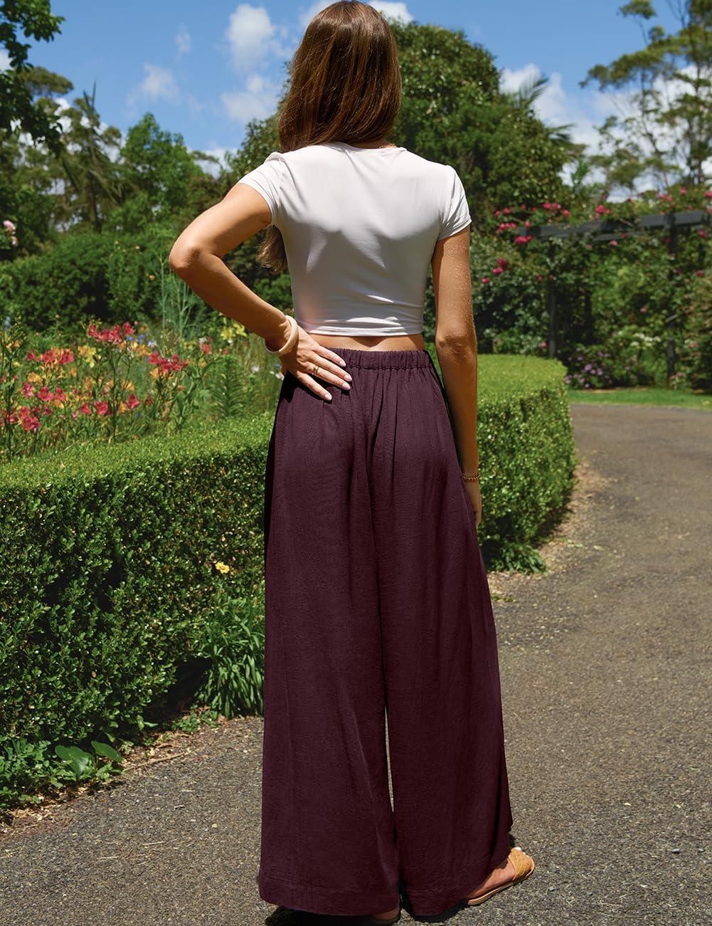 image:imageTARSE Women Linen Wide Leg Pants Palazzo High Waisted Boho Loose Casual Lounge Pant Beach Travel Vacation OutfitsBurgundy