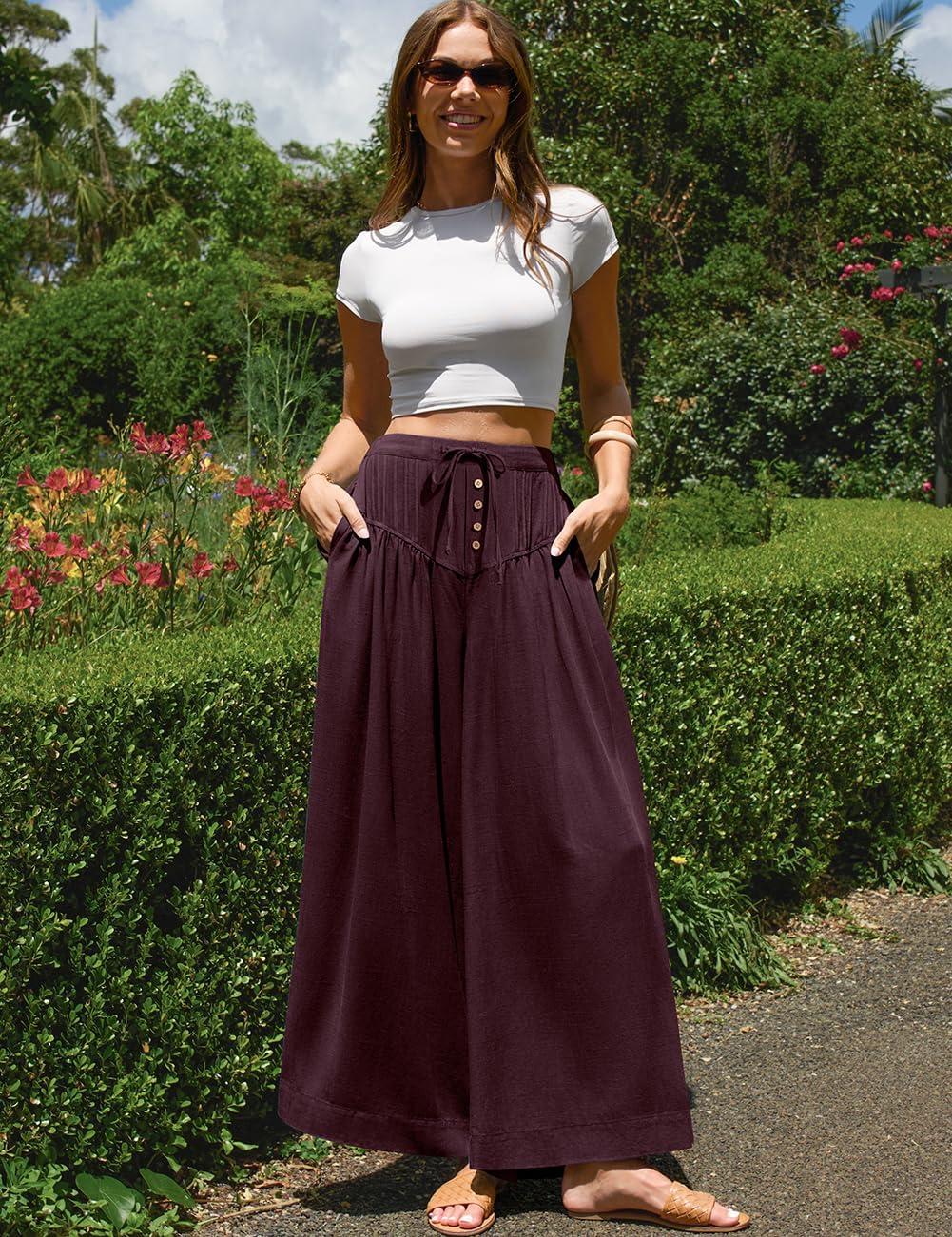image:imageTARSE Women Linen Wide Leg Pants Palazzo High Waisted Boho Loose Casual Lounge Pant Beach Travel Vacation OutfitsBurgundy
