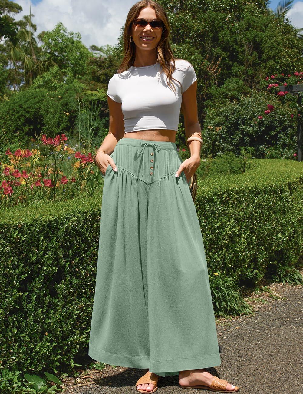 image:imageTARSE Women Linen Wide Leg Pants Palazzo High Waisted Boho Loose Casual Lounge Pant Beach Travel Vacation OutfitsLight Army Green
