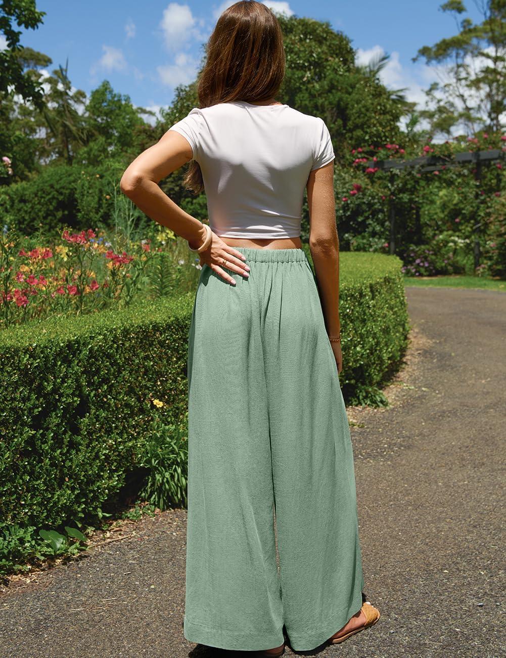 image:imageTARSE Women Linen Wide Leg Pants Palazzo High Waisted Boho Loose Casual Lounge Pant Beach Travel Vacation OutfitsLight Army Green