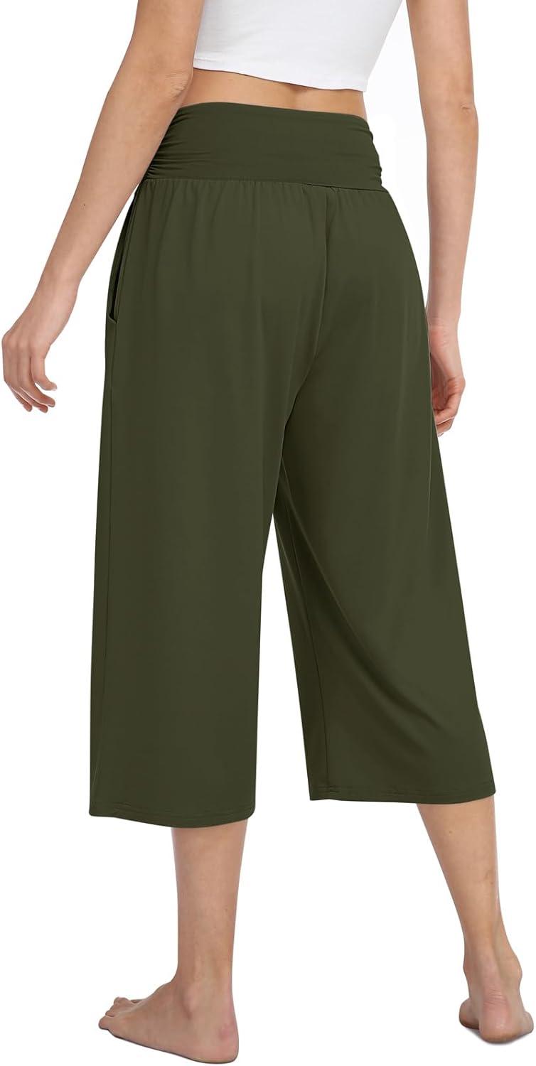 image:imageTARSE Womens Capris Lounge Yoga Pajama Cropped Pants Casual Wide Leg with Pockets Elastic Waist Workout Sweat Pants SummerArmygreen