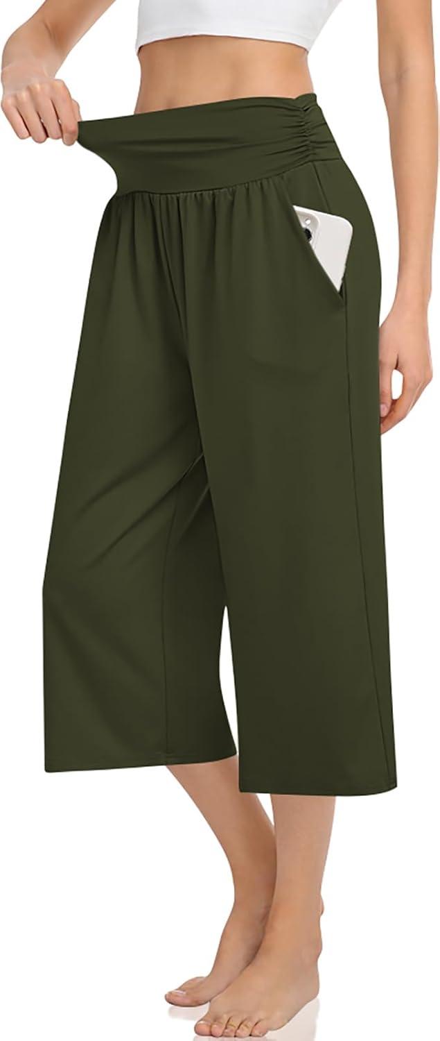 image:imageTARSE Womens Capris Lounge Yoga Pajama Cropped Pants Casual Wide Leg with Pockets Elastic Waist Workout Sweat Pants SummerArmygreen