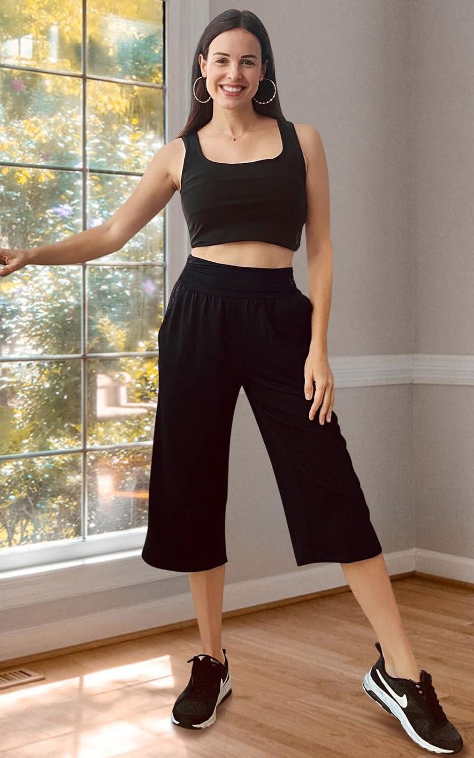 image:imageTARSE Womens Capris Lounge Yoga Pajama Cropped Pants Casual Wide Leg with Pockets Elastic Waist Workout Sweat Pants SummerArmygreen