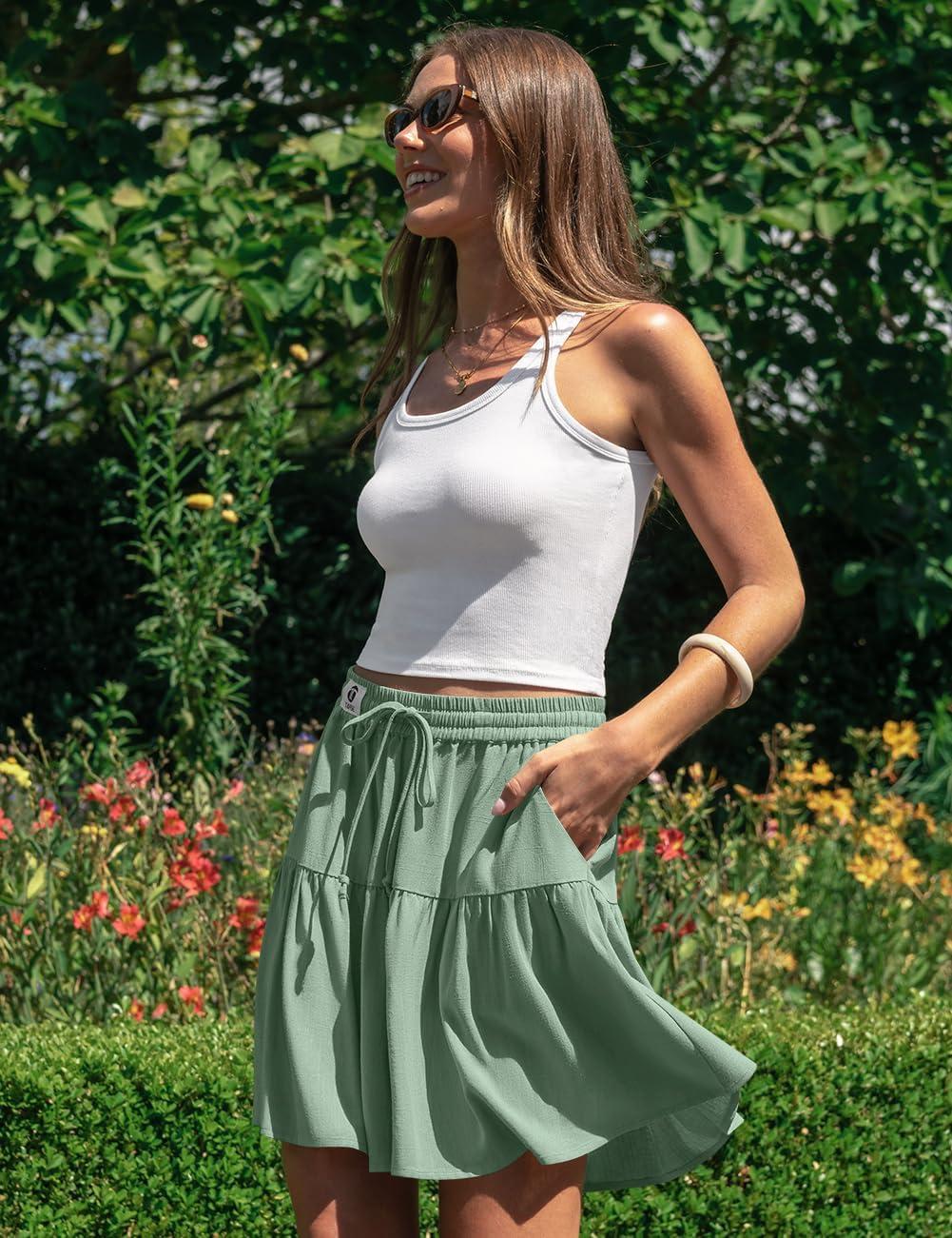image:imageTARSE Womens Linen Skirt Pants Wide Leg Flowy Shorts Drawstring Loose Fit Summer Casual Lightweight Comfy Vacation WearLight Army Green