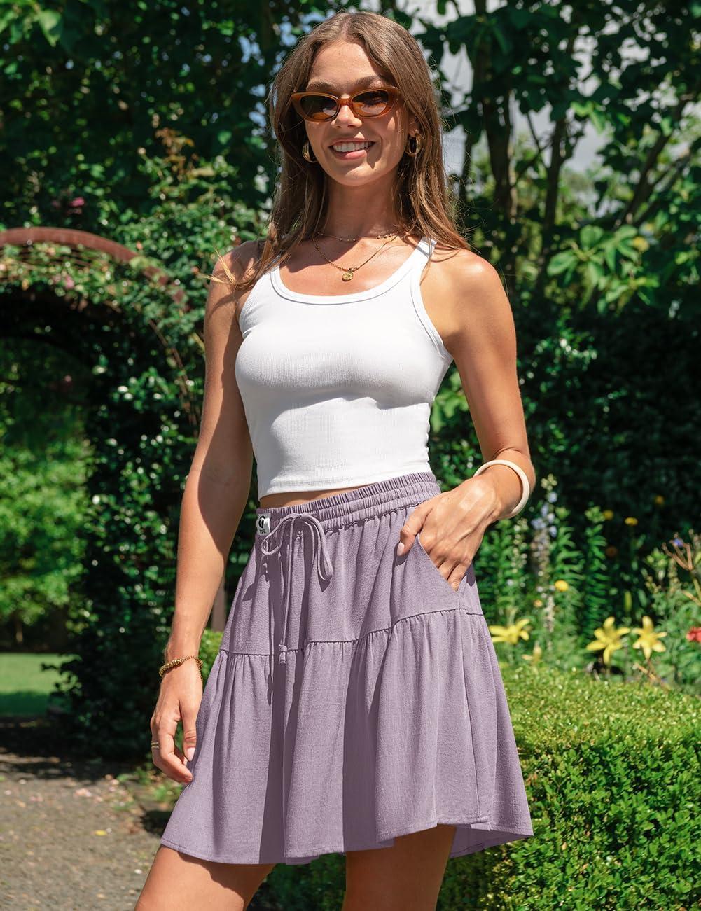 image:imageTARSE Womens Linen Skirt Pants Wide Leg Flowy Shorts Drawstring Loose Fit Summer Casual Lightweight Comfy Vacation WearLight Purple
