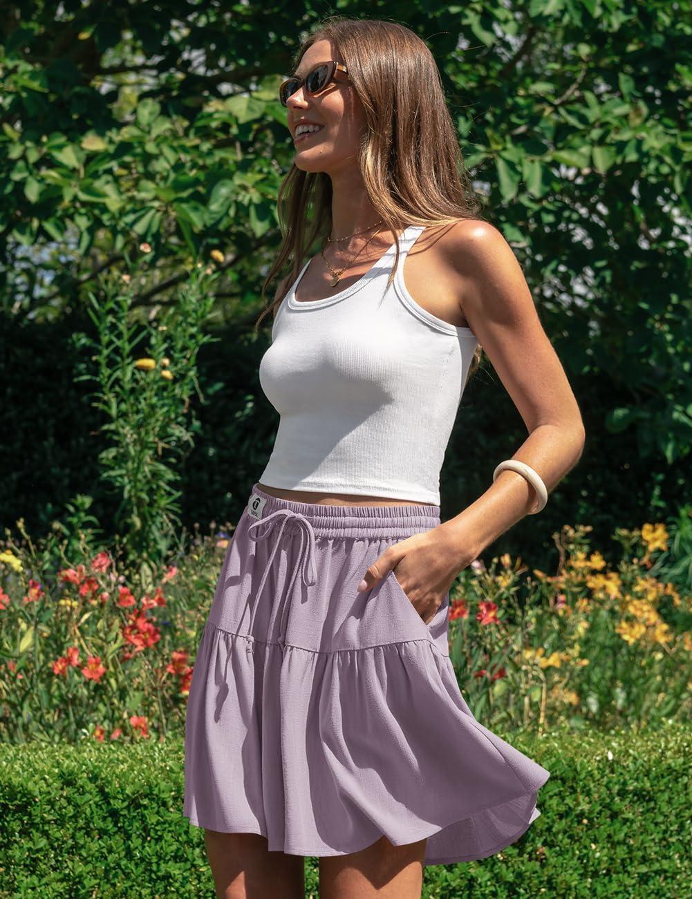 image:imageTARSE Womens Linen Skirt Pants Wide Leg Flowy Shorts Drawstring Loose Fit Summer Casual Lightweight Comfy Vacation WearLight Purple