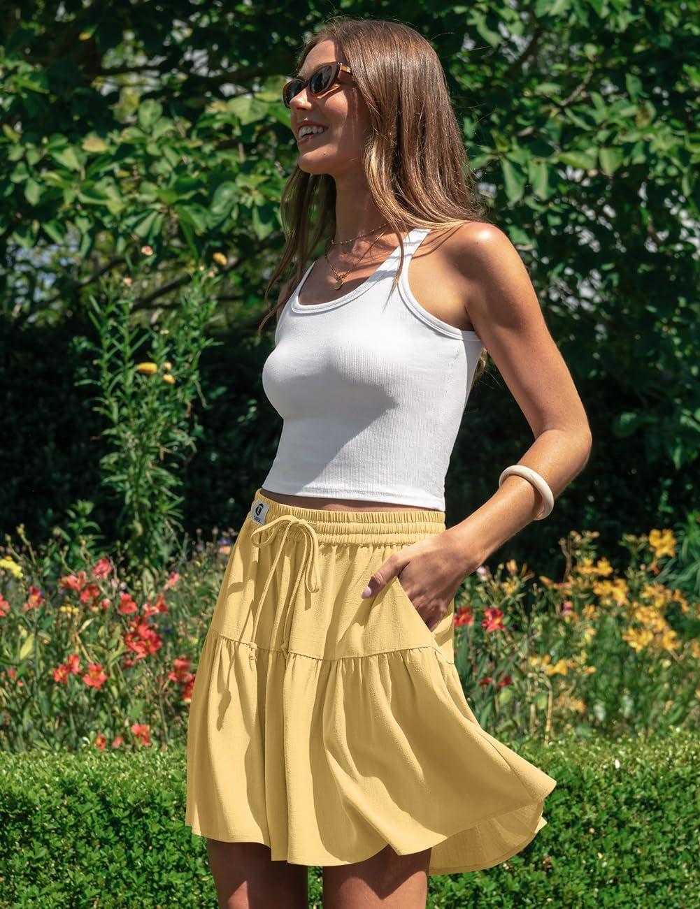 image:imageTARSE Womens Linen Skirt Pants Wide Leg Flowy Shorts Drawstring Loose Fit Summer Casual Lightweight Comfy Vacation WearRust Yellow