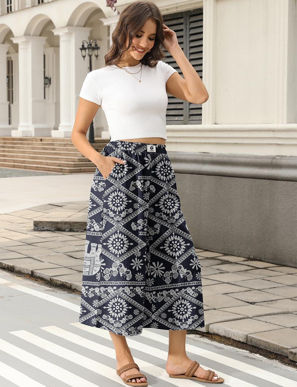 image:imageTARSE Womens Wide Leg Linen Capri Pants Summer Elastic Waist Palazzo Trousers Bottoms with PocketsElephant Navy