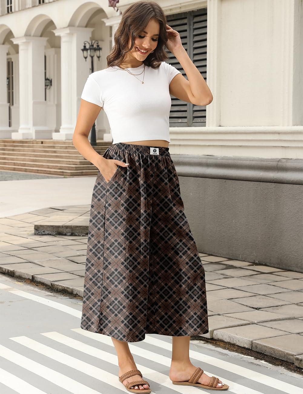 image:imageTARSE Womens Wide Leg Linen Capri Pants Summer Elastic Waist Palazzo Trousers Bottoms with PocketsTwill Flange Black Coffee