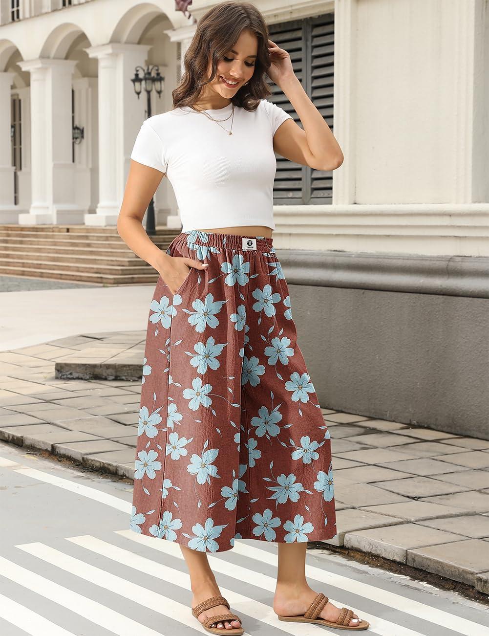 image:imageTARSE Womens Wide Leg Linen Capri Pants Summer Elastic Waist Palazzo Trousers Bottoms with PocketsWine Blue Floral