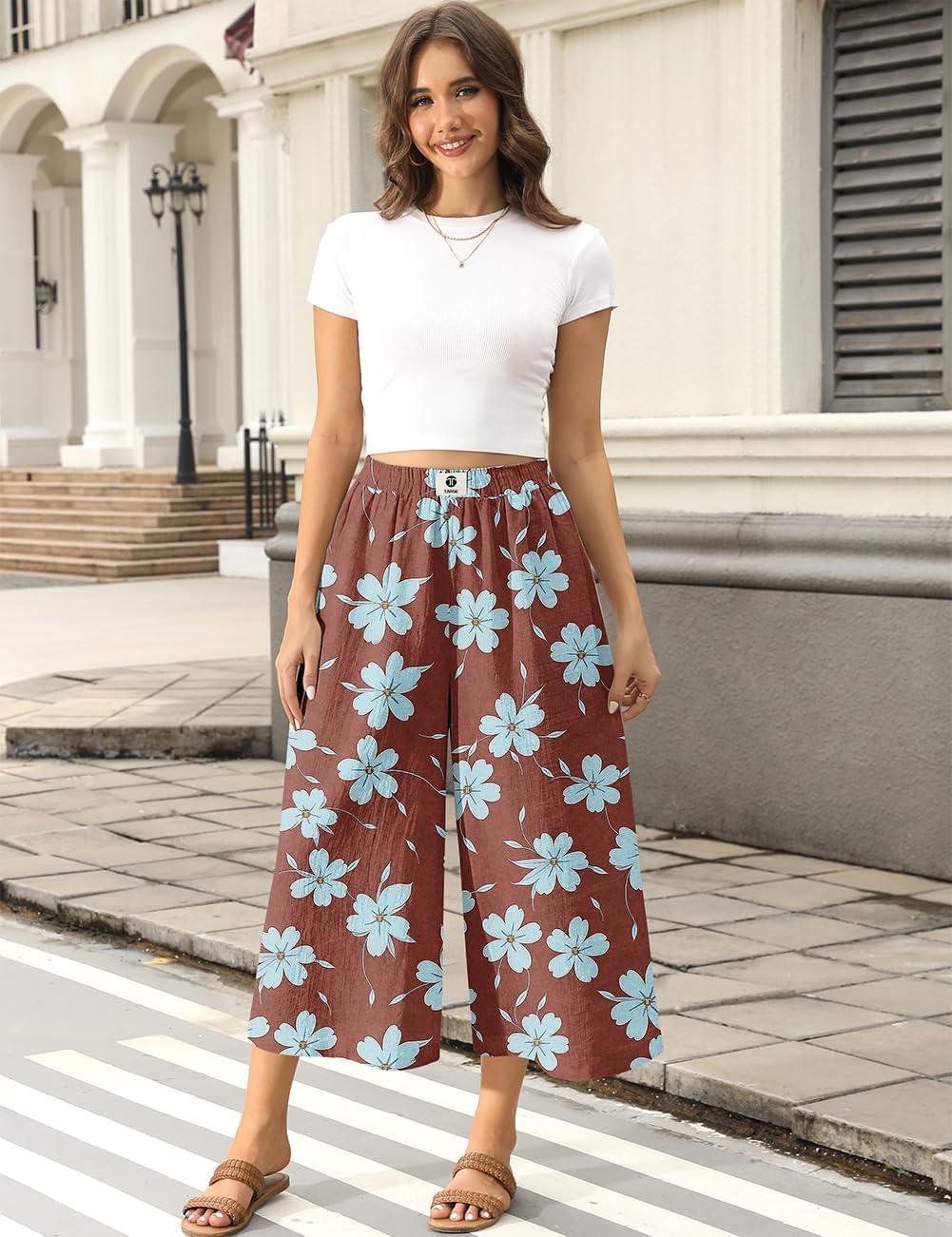 image:imageTARSE Womens Wide Leg Linen Capri Pants Summer Elastic Waist Palazzo Trousers Bottoms with PocketsWine Blue Floral