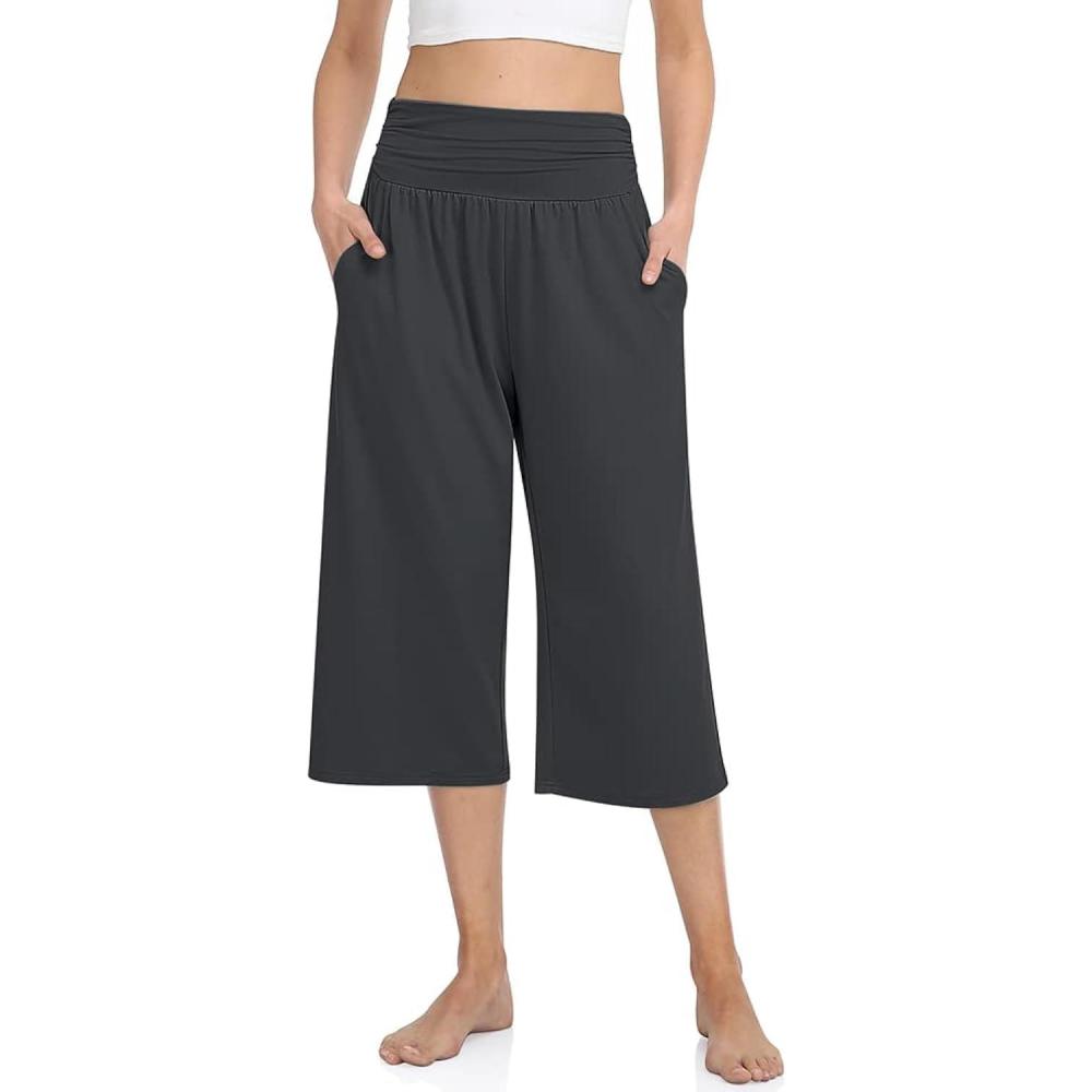image:imageTARSE Womens Capris Lounge Yoga Pajama Cropped Pants Casual Wide Leg with Pockets Elastic Waist Workout Sweat Pants SummerDarkgray