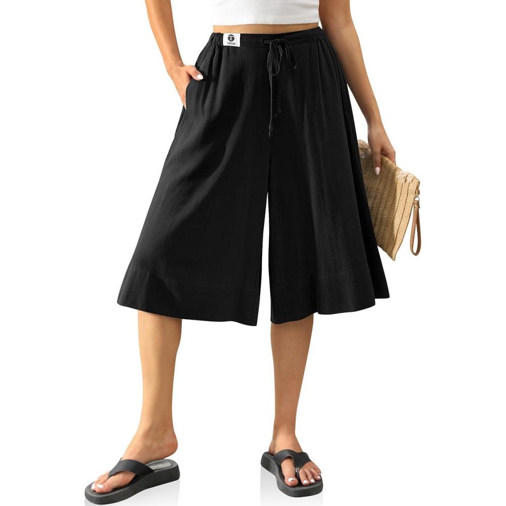 image:imageTARSE Womens Linen Capri Pants Flared Wide Leg Drawstring Culottes Summer Loose Elastic Waist Pants with PocketBlack