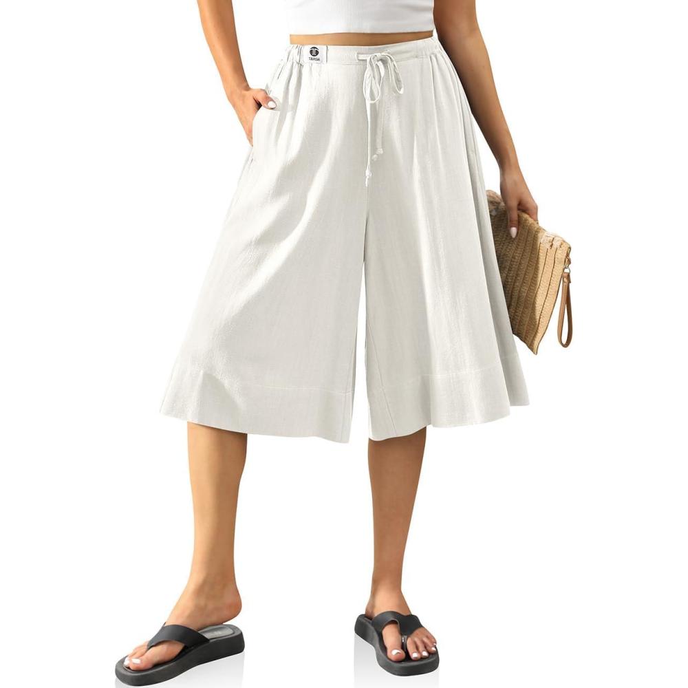 image:imageTARSE Womens Linen Capri Pants Flared Wide Leg Drawstring Culottes Summer Loose Elastic Waist Pants with PocketMilky White