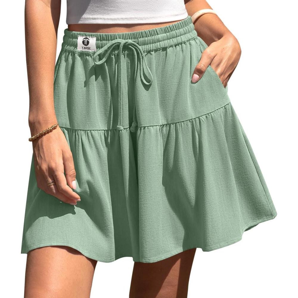 image:imageTARSE Womens Linen Skirt Pants Wide Leg Flowy Shorts Drawstring Loose Fit Summer Casual Lightweight Comfy Vacation WearLight Army Green