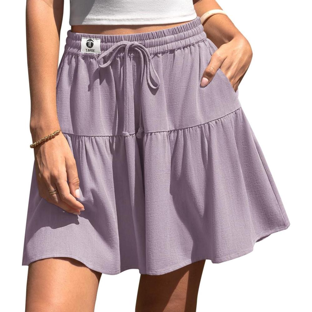 image:imageTARSE Womens Linen Skirt Pants Wide Leg Flowy Shorts Drawstring Loose Fit Summer Casual Lightweight Comfy Vacation WearLight Purple